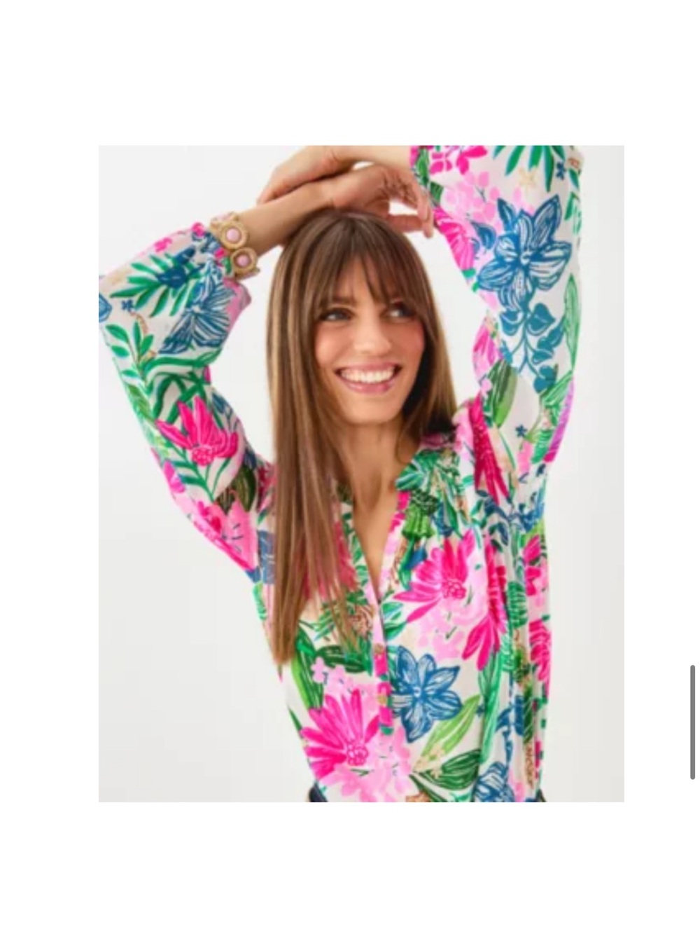 Lilly Pulitzer Tropical Floral Button-Front Blouse in Pink, Green & Blue